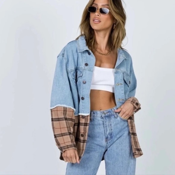 Princess Polly Larkin Denim Jacket Beige Check - Picture 4 of 6